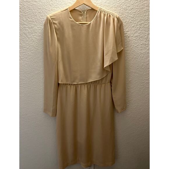 Vintage 70s Bullocks Wilshire Chiffon Midi Dress Beige Asymmetric Quiet Luxury - Picture 2 of 6